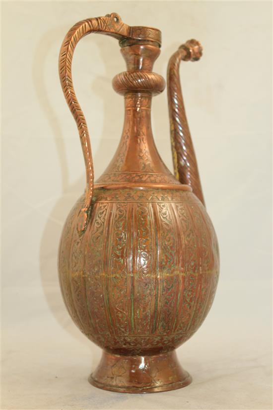 A 17th century safavid copper ewer, 13.5in.